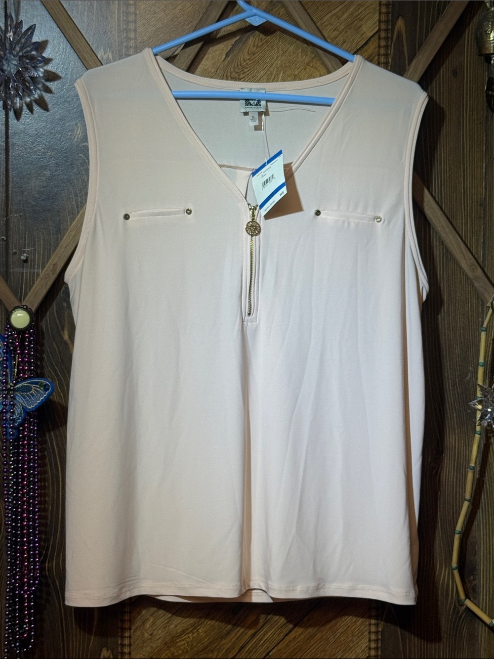 Anne Klein Sleeveless V-Neck Zip Front Blush Top